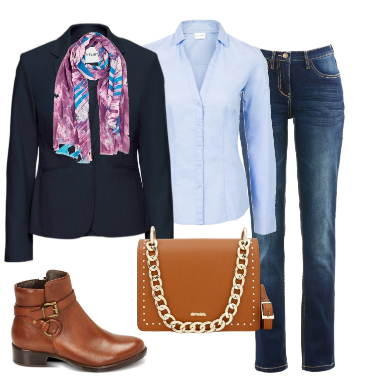 Outfit donna - City. Stile Urban per Tutti i giorni. Abbinamento con camicie, jeans dritti, blazer, pochette, stivaletti chelsea, sciarpe.