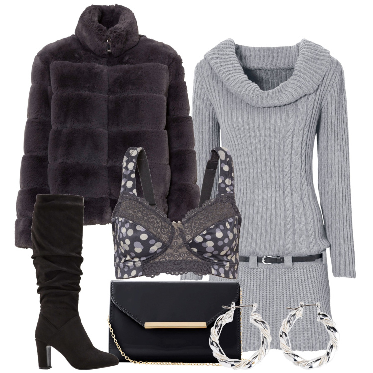Outfit donna - Lingerie a pois. Stile Bon Ton per Serata fuori. Abbinamento con ecopellicce, orecchini, vestiti, reggiseni, pochette, stivali sopra il ginocchio.