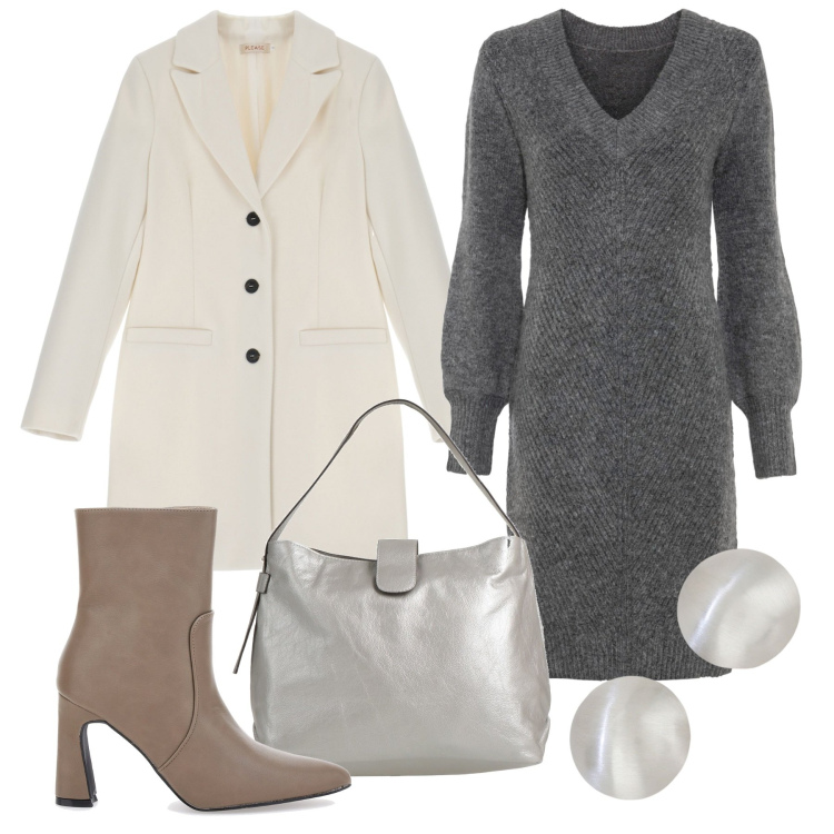 Outfit donna - Inverno avorio e grigio. Stile Chic per Tutti i giorni. Abbinamento con vestiti, borse a mano, cappotti, orecchini, stivaletti.
