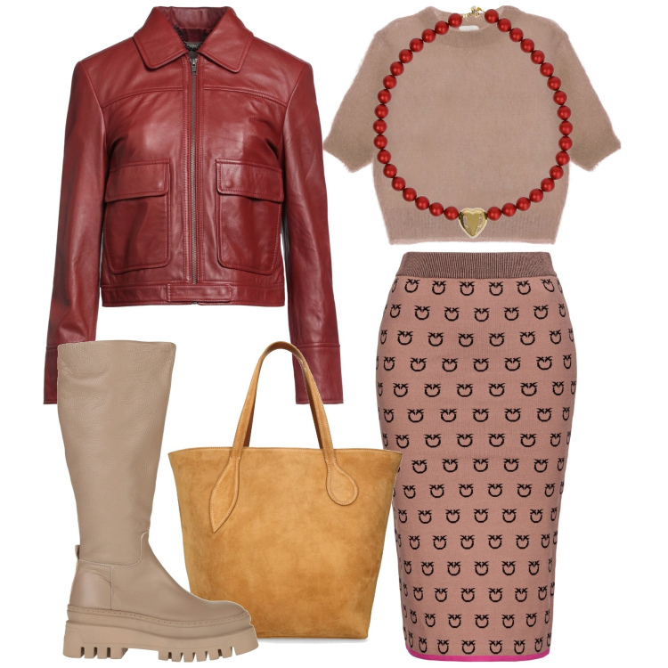 Outfit donna - Inverno nota rossa. Stile Chic per Tutti i giorni. Abbinamento con stivali, blazer, gonne longuette, pullovers, collane, shopping bag.