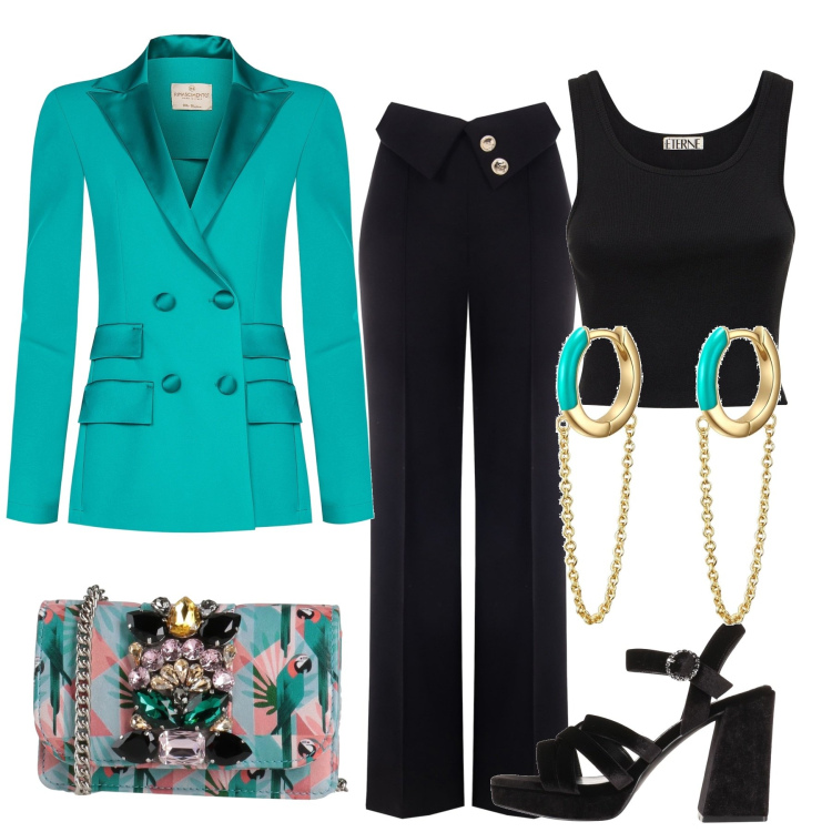 Outfit donna - Cerimonia. Stile Chic per Cerimonia. Abbinamento con sandali col tacco, borse a tracolla, orecchini, pantaloni a palazzo, blazer, canottiere.