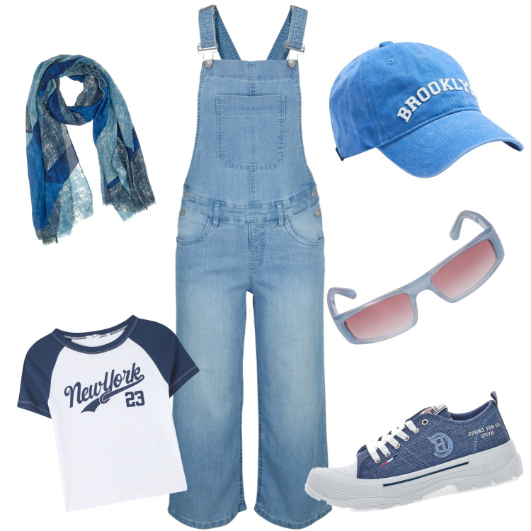 Outfit donna - Picnic. Stile Casual per Tutti i giorni. Abbinamento con salopette, t-shirt, cappelli, occhiali da sole, sneakers, sciarpe.