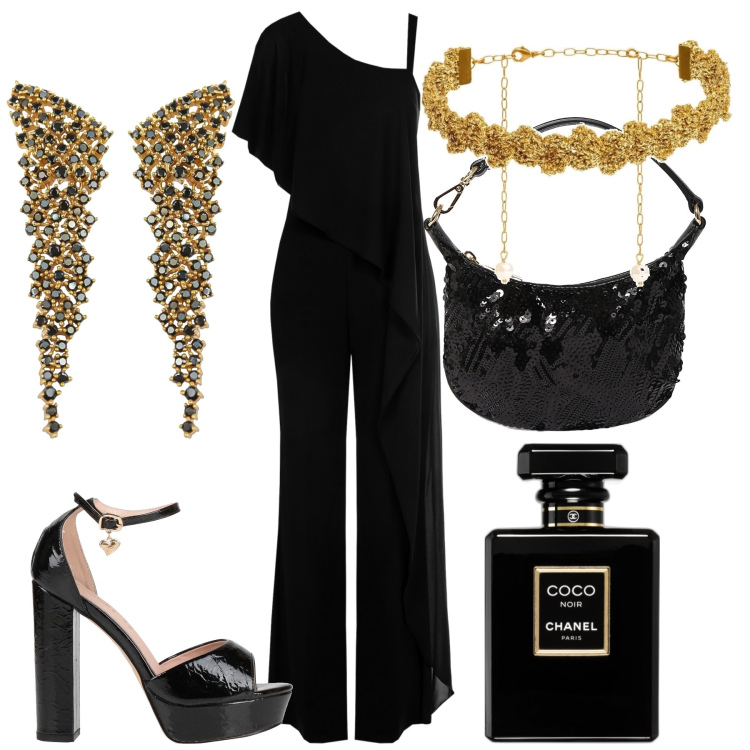 Outfit donna - Glamour al party. Stile Glamour per Serata fuori. Abbinamento con orecchini, collane, sandali in pelle, profumi, tute, pochette.