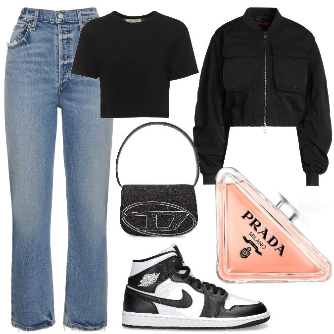 Outfit donna - Total look #1815485. Stile Urban per Tutti i giorni. Abbinamento con bomber, profumi, jeans, sneakers, t-shirt, borse a spalla.
