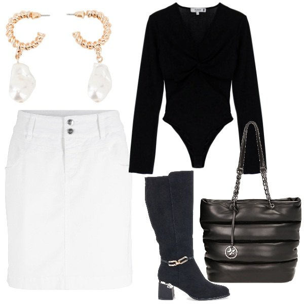Outfit donna - Il bianco e il nero. Stile Basic per Tutti i giorni. Abbinamento con minigonne, body, orecchini, borse a spalla, stivali.