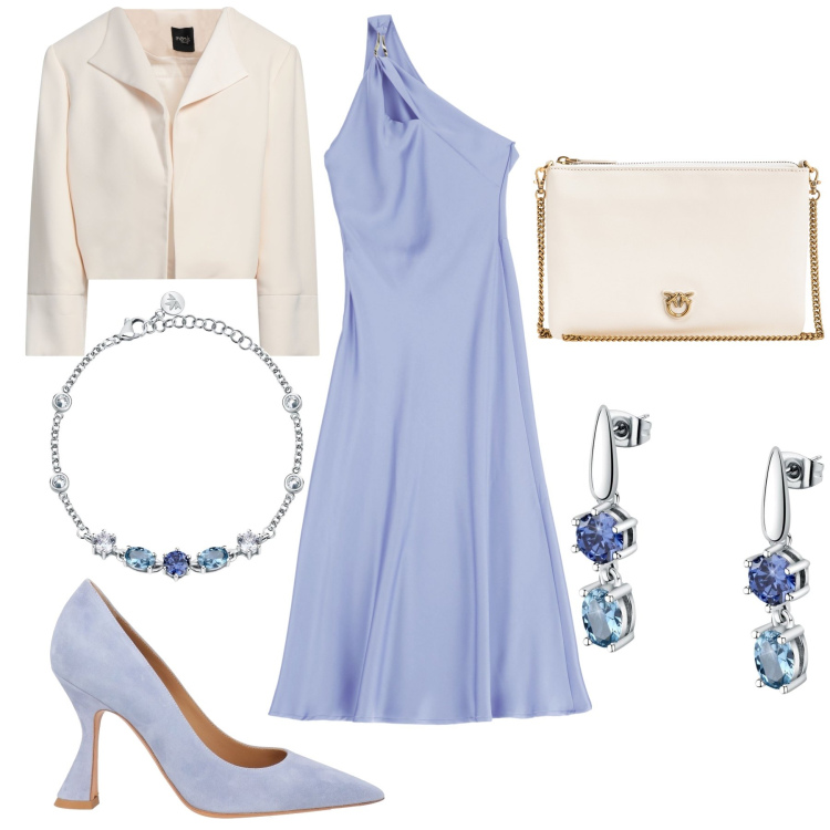 Outfit donna - Cerimonia in vista. Stile Glamour per Cerimonia. Abbinamento con décolleté, blazer, orecchini, braccialetti, borse a tracolla, vestiti asimmetrici.