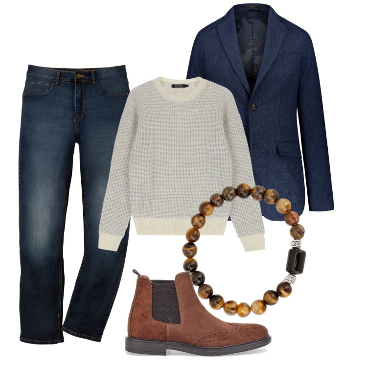 Outfit uomo - Trendy chic e glam. Stile Trendy per Tutti i giorni. Abbinamento con jeans dritti, pullovers, braccialetti, giacche, stivali e stivaletti.