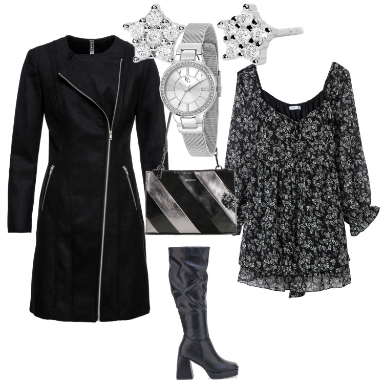 Outfit donna - Una, romantica serata.... Stile Romantica per Serata fuori. Abbinamento con cappotti, orologi, borse a spalla, vestiti, orecchini, stivali.
