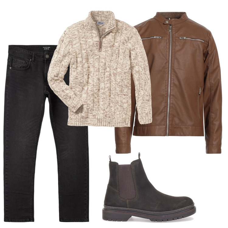 Outfit uomo - City. Stile Casual per Tutti i giorni. Abbinamento con maglieria, giacche, jeans dritti, stivali e stivaletti.