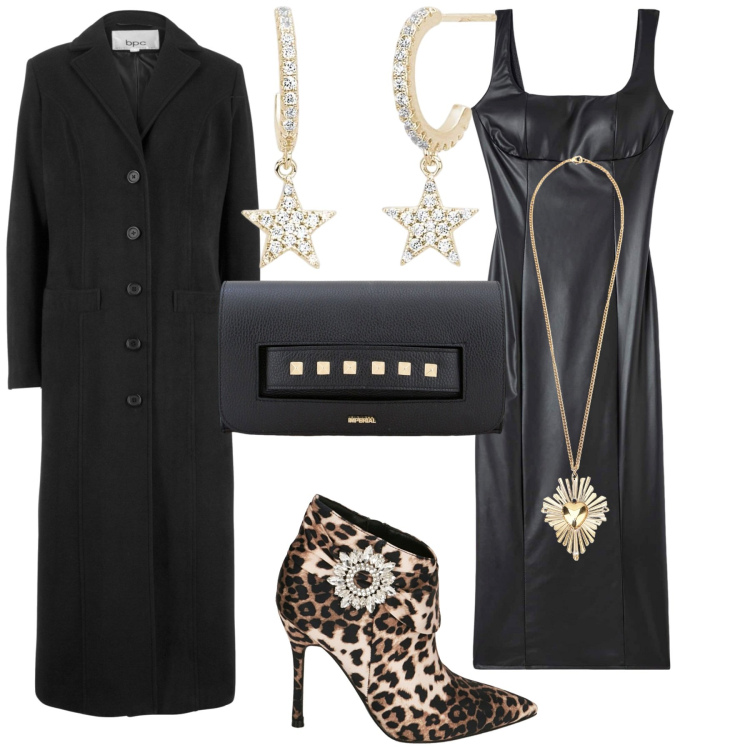 Outfit donna - Serata black e animalier.... Stile Glamour per Serata fuori. Abbinamento con cappotti, vestiti midi/longuette, orecchini, pochette, ciondoli, stivaletti.