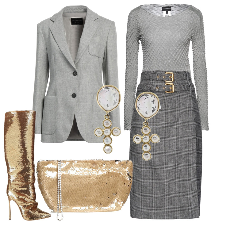 Outfit donna - Inverno glamour. Stile Glamour per Serata fuori. Abbinamento con stivali, blazer, pullovers, borse a mano, orecchini, gonne longuette.