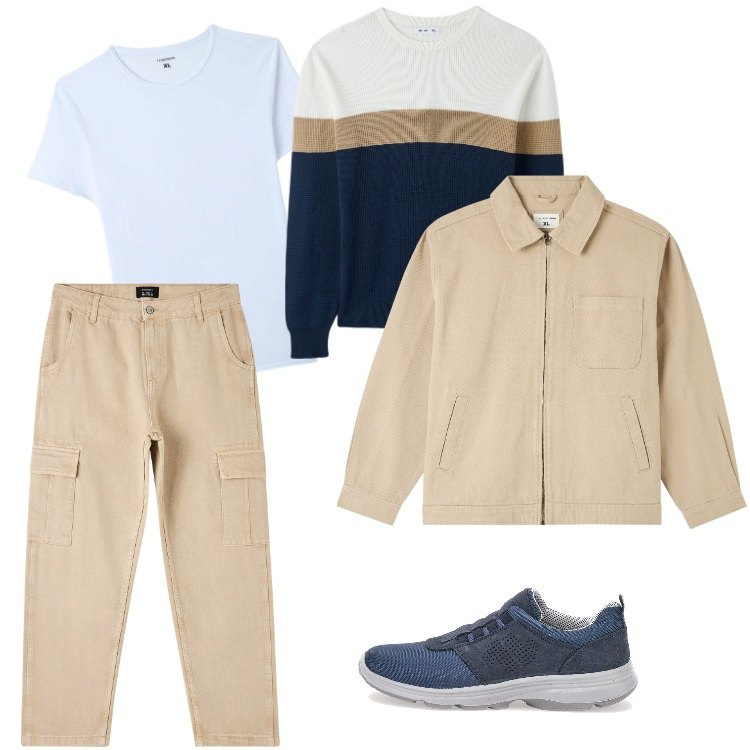 Outfit uomo - Weekend-Febbraio. Stile Casual per Tutti i giorni. Abbinamento con giacche, maglieria, t-shirt, pantaloni cargo, scarpe stringate.