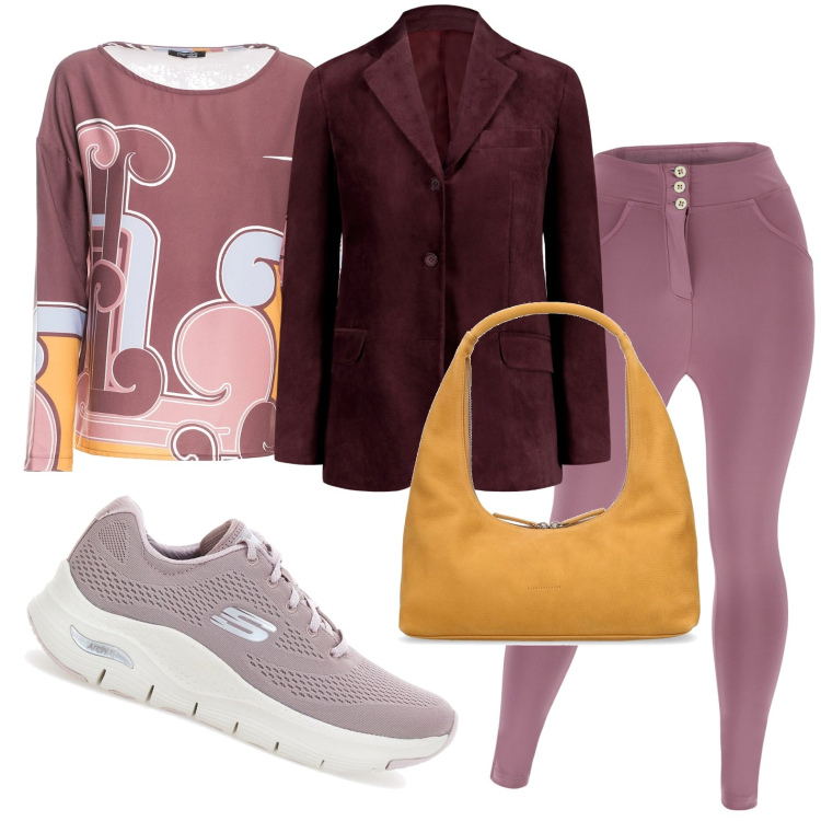 Outfit donna - Allegra. Stile Casual per Tutti i giorni. Abbinamento con bluse, pantaloni skinny, sneakers, blazer, borse a spalla.