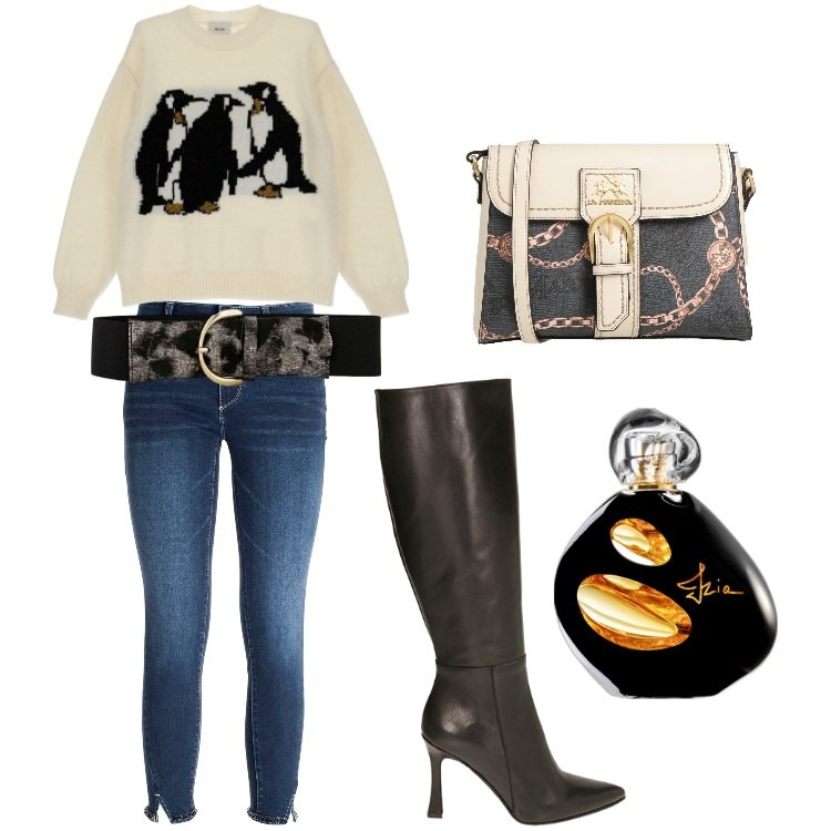 Outfit donna - Fuori ci sono i pinguini. Stile Glamour per Tutti i giorni. Abbinamento con borse a tracolla, profumi, jeans skinny, stivali, pullovers, cinture.