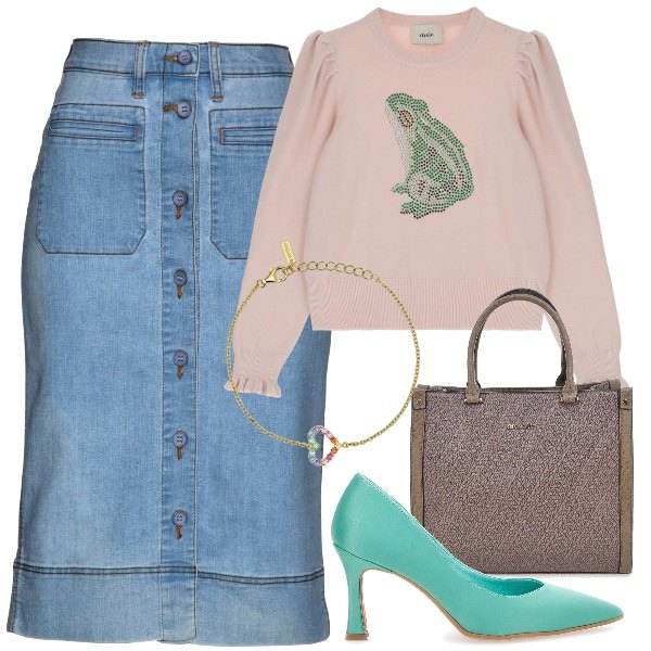 Outfit donna - La rana. Stile Chic per Ufficio. Abbinamento con gonne, braccialetti, maglieria, décolleté, borse a mano.