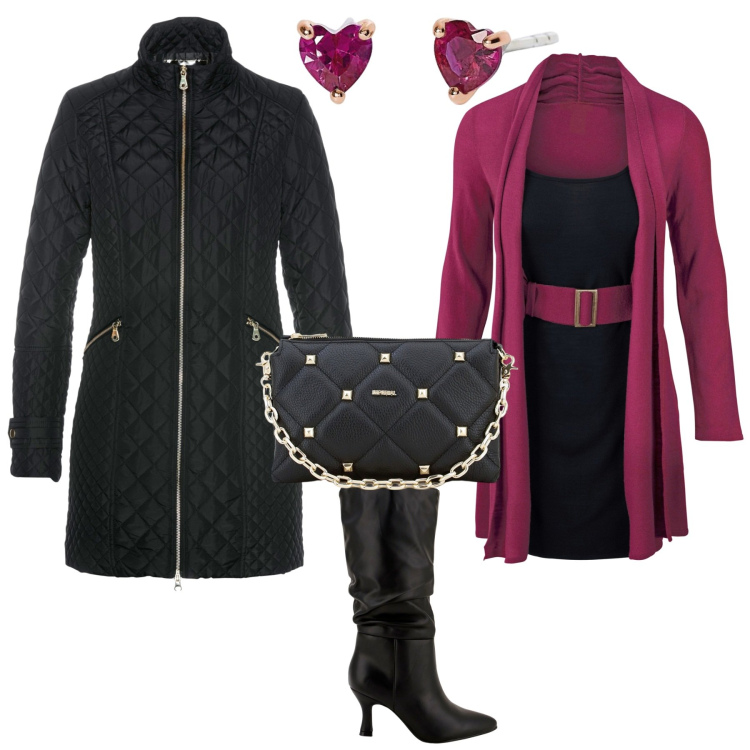 Outfit donna - San Valentino casual chic...... Stile Casual chic per Serata fuori. Abbinamento con blazer, vestiti midi/longuette, orecchini, pochette, stivali.
