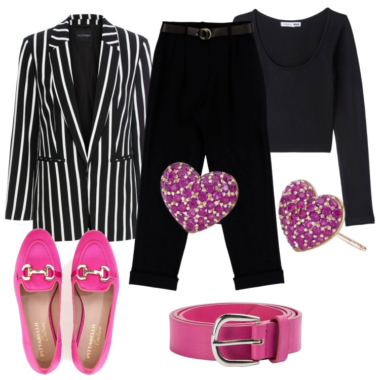 Outfit donna - Dare vita al punto vita. Stile Glamour per Serata fuori. Abbinamento con blazer, maglieria, cinture, orecchini, pantaloni, mocassini.