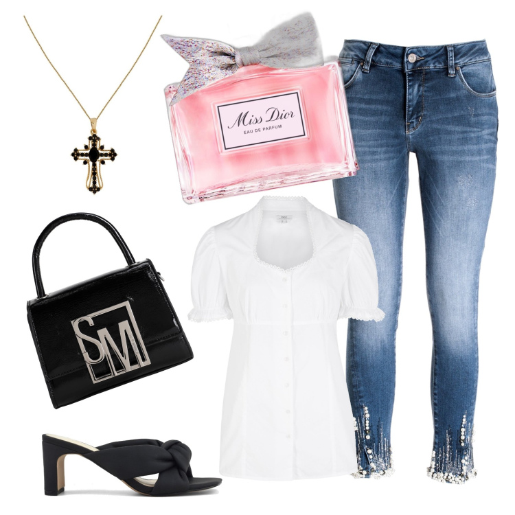 Outfit donna - Work. Stile Casual chic per Ufficio. Abbinamento con camicie, ciondoli, borse a mano, profumi, jeans skinny, sandali col tacco.