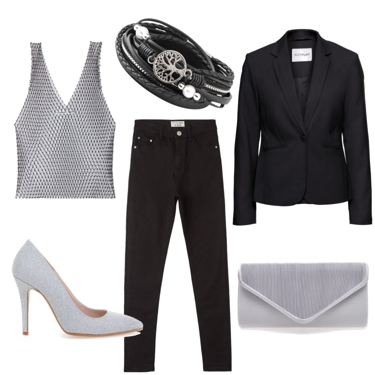 Outfit donna - Total look #1815634. Abbinamento con blazer, braccialetti, jeans skinny, top, pochette, décolleté.
