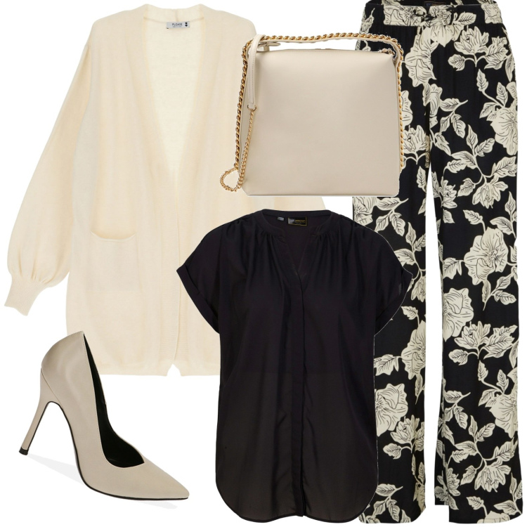 Outfit donna - Le rose bianche. Stile Bon Ton per Serata fuori. Abbinamento con pantaloni a palazzo, camicie a manica corta, cardigans, décolleté, borse a mano.