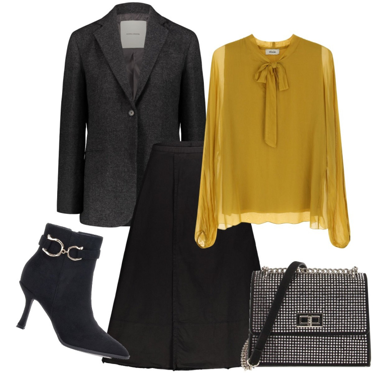 Outfit donna - La camicia giallo senape. Stile Bon Ton per Serata fuori. Abbinamento con camicie, borse a tracolla, gonne lunghe, blazer, stivaletti.