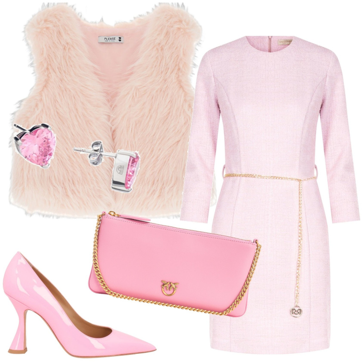 Outfit donna - Pink. Stile Chic per Serata fuori. Abbinamento con orecchini, décolleté, borse a tracolla, vestiti midi/longuette, gilet.