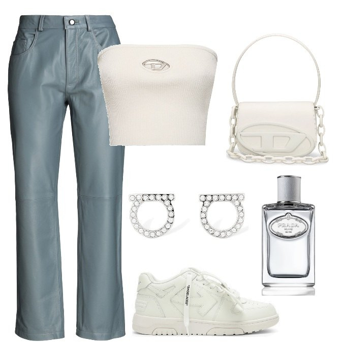 Outfit donna - Total look #1815707. Stile Trendy per Tutti i giorni. Abbinamento con pantaloni, profumi, top, borse a spalla, orecchini, sneakers.