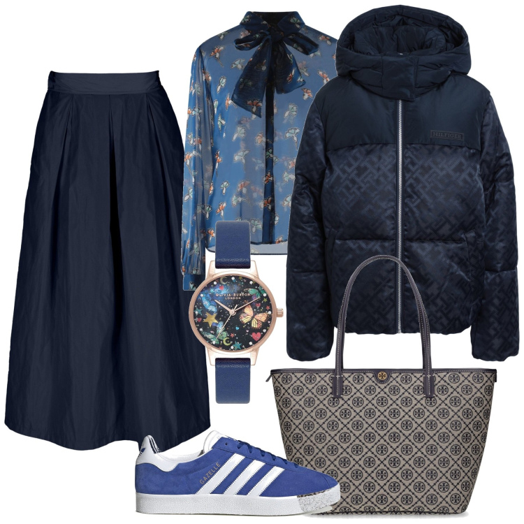 Outfit donna - Nel blu dipinto di blu. Stile Trendy per Tutti i giorni. Abbinamento con camicie, piumini, orologi digitali, gonne, sneakers, shopping bag.