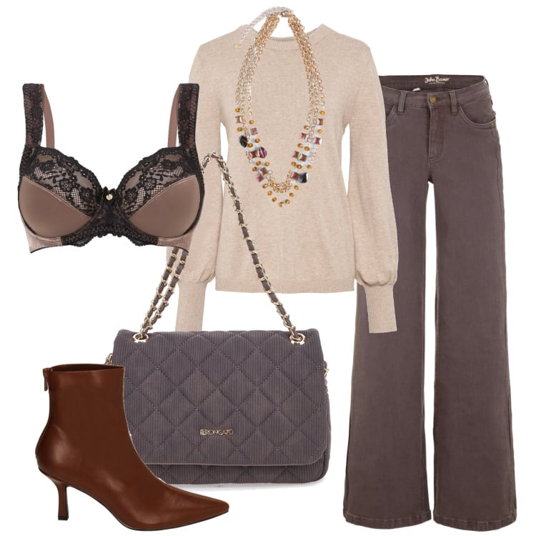 Outfit donna - Inverno. Stile Bon Ton per Tutti i giorni. Abbinamento con maglieria, jeans, reggiseni, collane, stivaletti, borse a spalla.