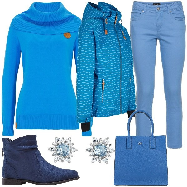Outfit donna - Ma il cielo è sempre più blu. Stile Casual chic per Tutti i giorni. Abbinamento con stivaletti, pantaloni, maglieria, blazer, borse a mano, orecchini.
