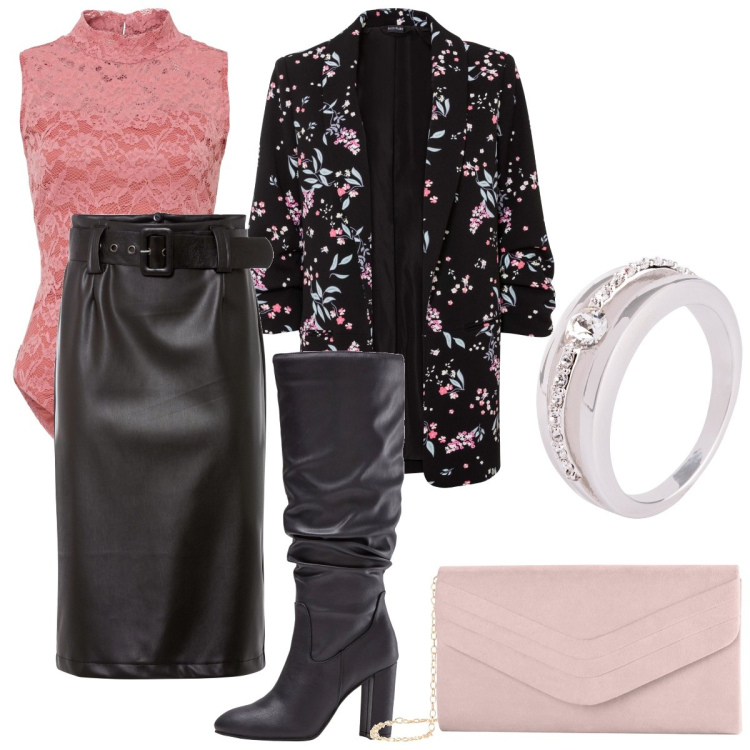 Outfit donna - Il body in pizzo. Stile Glamour per Serata fuori. Abbinamento con blazer, anelli, body, stivali sopra il ginocchio, gonne longuette, pochette.