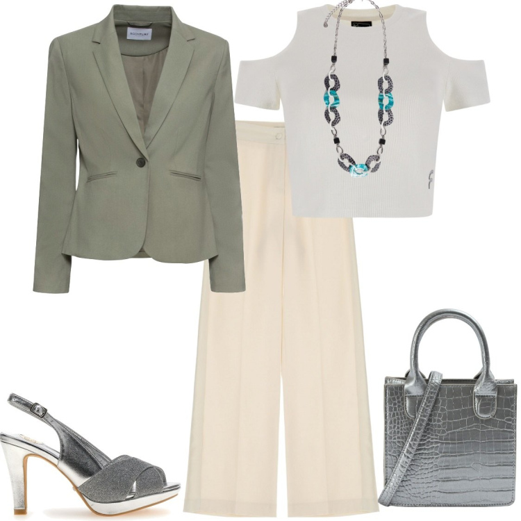 Outfit donna - Argento. Stile Casual chic per Ufficio. Abbinamento con blazer, shopping bag, top, pantaloni, collane, sandali col tacco.
