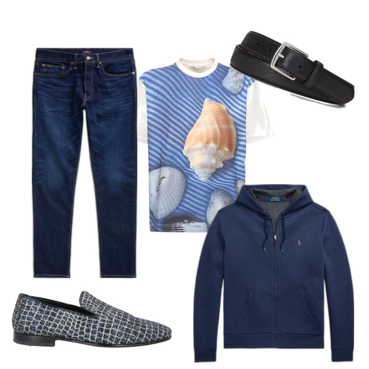 Outfit uomo - Ricordi estivi. Stile Casual per Tutti i giorni. Abbinamento con scarpe stringate, cinture, felpe con cappuccio, jeans, t-shirt.