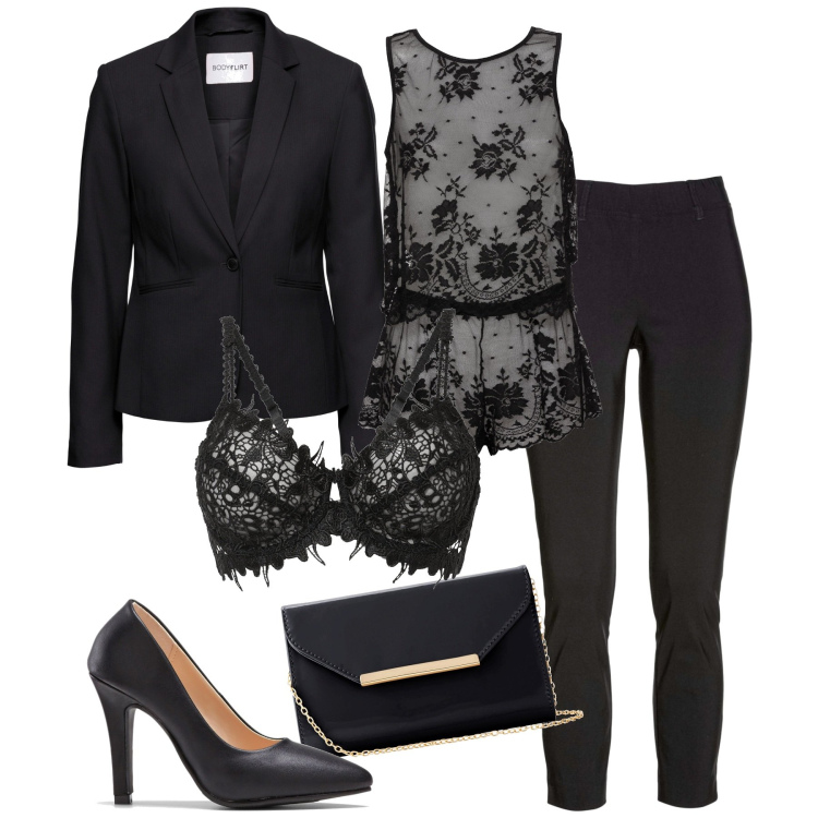 Outfit donna - Bonprix. Stile Romantica per Serata fuori. Abbinamento con pantaloni, blazer, top, reggiseni, décolleté, pochette.