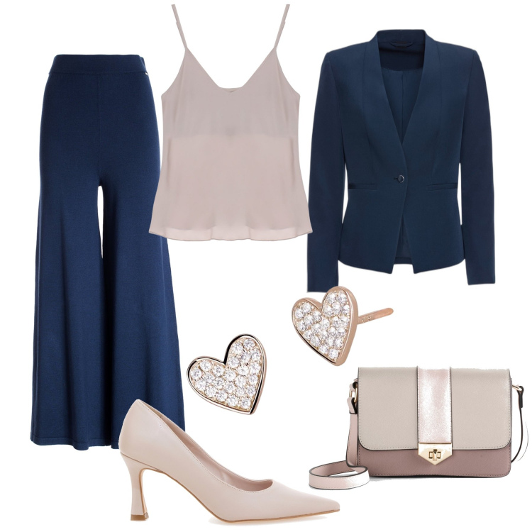 Outfit donna - Raffinata. Stile Chic per Serata fuori. Abbinamento con blazer, borse a tracolla, orecchini, pantaloni, canottiere, décolleté.