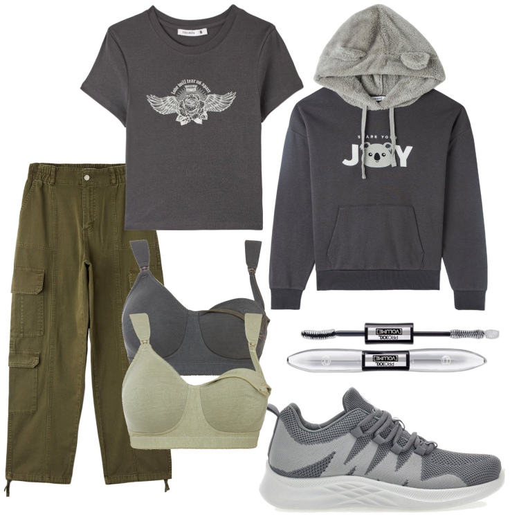 Outfit donna - Young. Stile Urban per Tutti i giorni. Abbinamento con reggiseni, mascara, felpe con cappuccio, t-shirt, pantaloni cargo, sneakers.