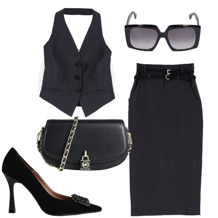 Outfit donna - City. Stile Glamour per Tutti i giorni. Abbinamento con camicie, borse a tracolla, décolleté, gilet, gonne lunghe, occhiali da sole.