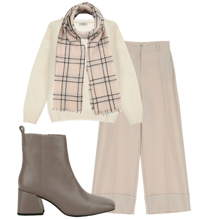 Outfit donna - Dixie. Stile Casual chic per Ufficio. Abbinamento con sciarpe, pullovers, pantaloni a palazzo, stivaletti.