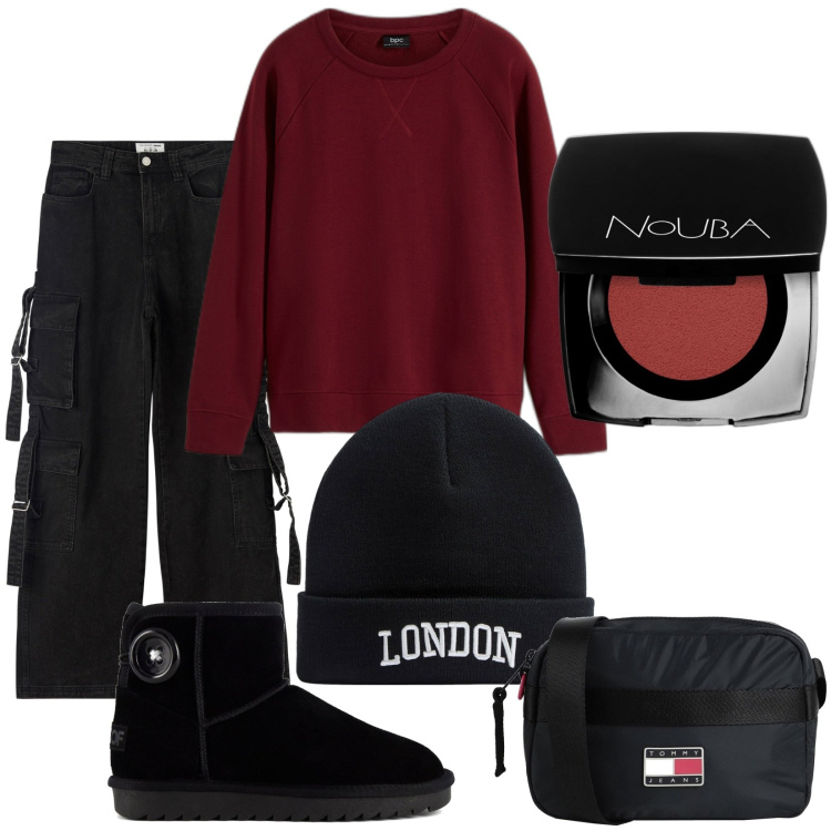 Outfit donna - Total look #1815843. Stile Urban per Tutti i giorni. Abbinamento con felpe, borse a tracolla, blush, jeans, berretti, stivali sopra il ginocchio.
