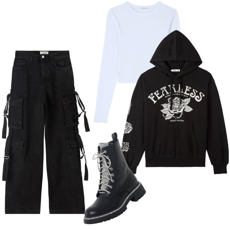 Outfit donna - Terranova Streetwear-Febbraio. Stile Urban per Tutti i giorni. Abbinamento con t-shirt, jeans, felpe con cappuccio, anfibi.