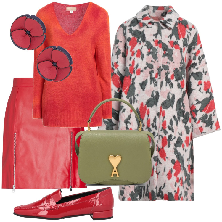 Outfit donna - Rosso e....... Stile Glamour per Tutti i giorni. Abbinamento con minigonne, pullovers, cappotti, mocassini, orecchini, borse a tracolla.