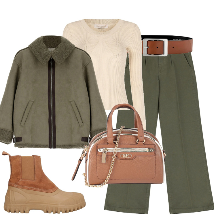 Outfit donna - City. Stile Trendy per Tutti i giorni. Abbinamento con cinture, borse a mano, stivaletti chelsea, maglieria, pantaloni a palazzo, cappotti.