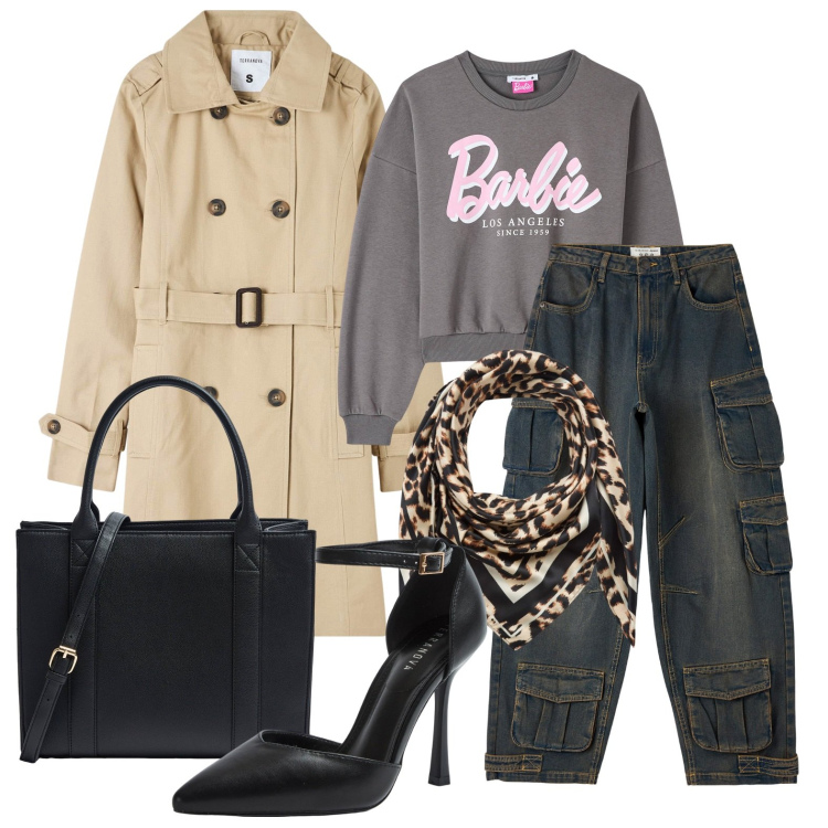 Outfit donna - Ghost outfitter - febbraio. Stile Casual chic per Tutti i giorni. Abbinamento con trench, felpe, décolleté, jeans, shopping bag, foulard.