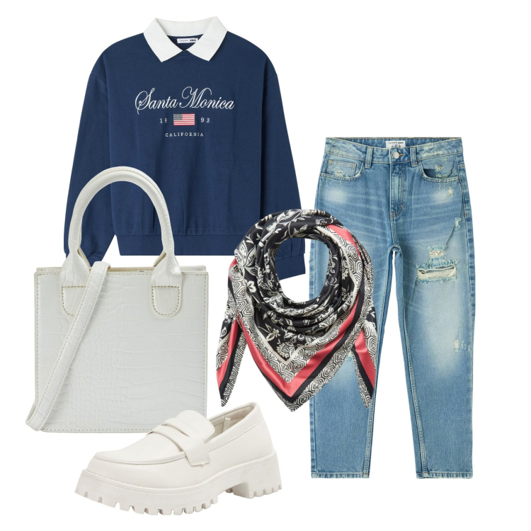 Outfit donna - Ghost outfitter - febbraio. Stile Casual per Tutti i giorni. Abbinamento con jeans mom, mocassini, felpe, foulard, shopping bag.