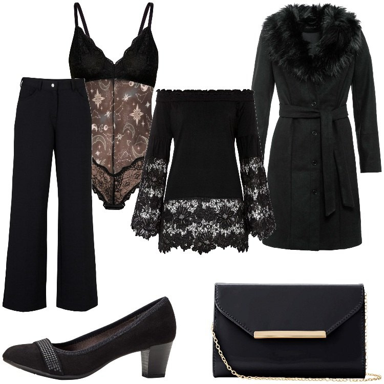 Outfit donna - All black. Stile Romantica per Serata fuori. Abbinamento con décolleté, maglieria, pantaloni, cappotti, body, pochette.