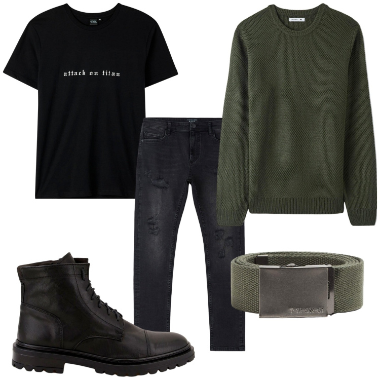 Outfit uomo - Total look #1815943. Stile Casual per Tutti i giorni. Abbinamento con jeans strappati, maglieria, cinture, t-shirt, scarpe stringate.