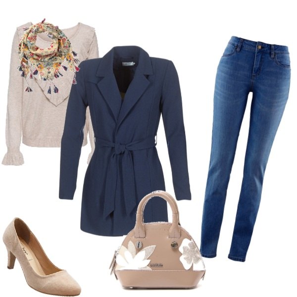 Outfit donna - Autunno.... Stile Trendy per Ufficio. Abbinamento con jeans skinny, pullover con volant beige e corda, sciarpina fantasia floreale, décolleté taglia media in pelle sintetica, trench blu, borsa a tracolla fantasia floreale doppio manico interno foderato rigido.