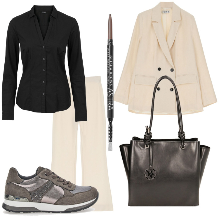 Outfit donna - Buongiorno. Stile Casual chic per Tutti i giorni. Abbinamento con camicie, eyeliner, giacche, pantaloni capri, borse a spalla, sneakers.