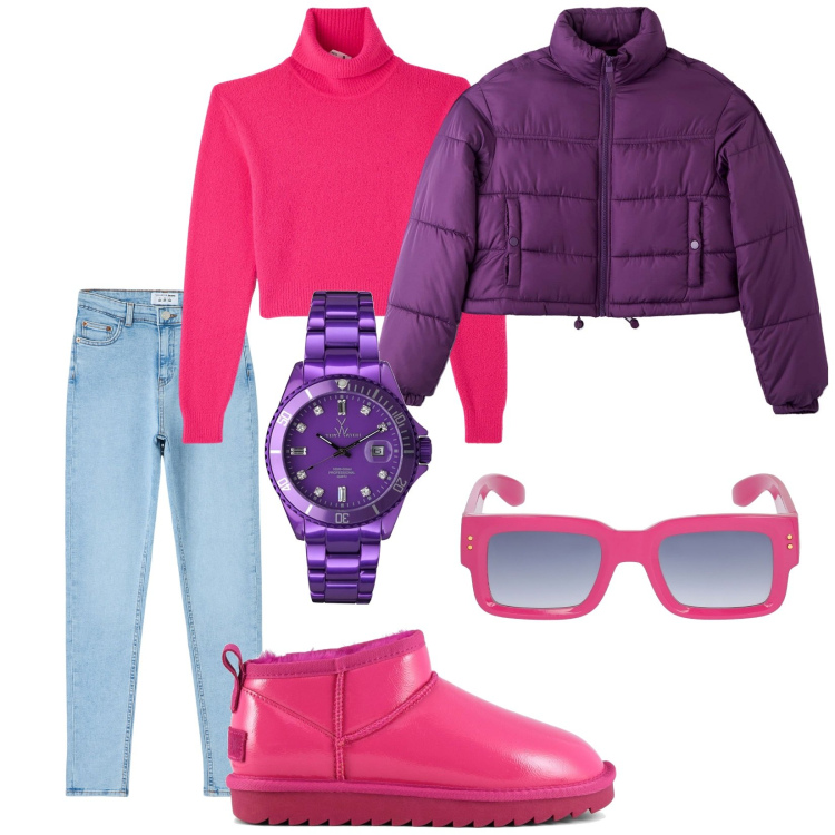 Outfit donna - Total look #1815957. Stile Trendy per Tutti i giorni. Abbinamento con orologi, maglieria, piumini, jeans skinny, stivali, occhiali da sole.