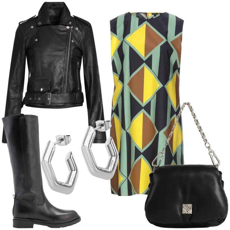 Outfit donna - Rock chic. Stile Trendy per Tutti i giorni. Abbinamento con stivali, blazer, borse a mano, vestiti corti, orecchini.